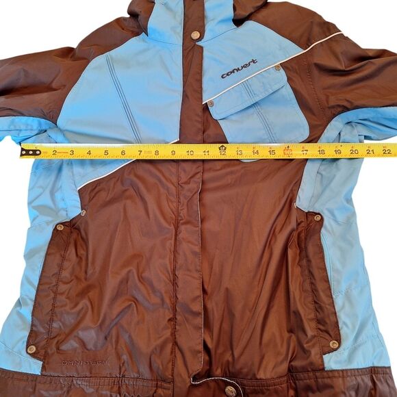 Columbia Women’s Convert Boardwear Snowboard Ski Jacket Brown Blue Snap Hood Med - Picture 15 of 16